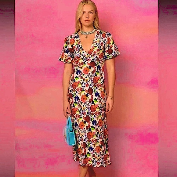 Rixo London Steph Crepe Midi Dress in Bright Floral Print Size Medium - Picture 16 of 16
